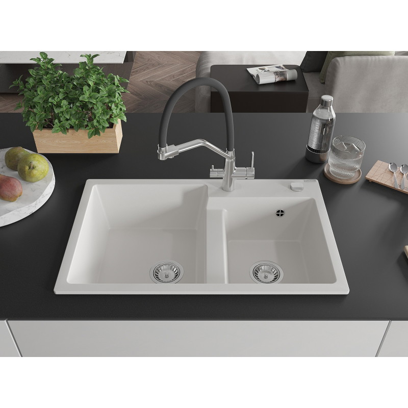 Mexen Tomas 2-basin granite kitchen sink with Duo faucet, white - 6516-20-671701-07