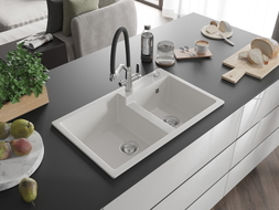 Mexen Tomas 2-basin granite kitchen sink with Duo faucet, white - 6516-20-671701-07