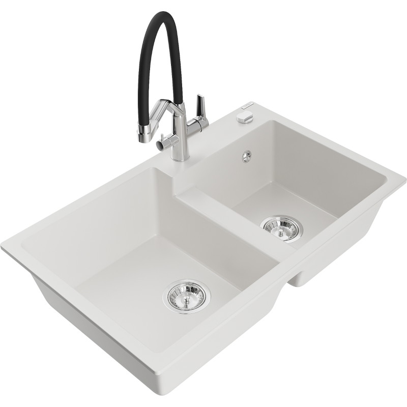 Mexen Tomas granite double-bowl sink with Duo kitchen faucet, white - 6516-20-671701-07