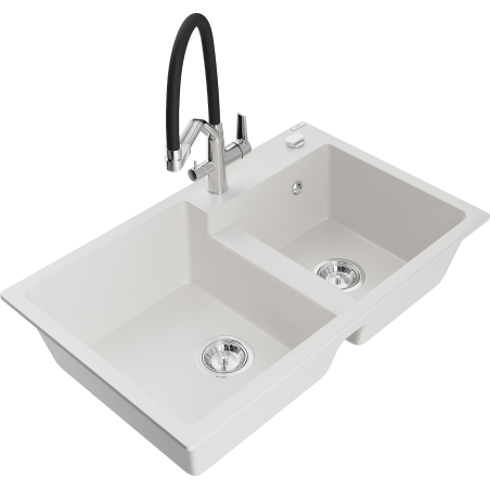 Mexen Tomas 2-basin granite kitchen sink with Duo faucet, white - 6516-20-671701-07