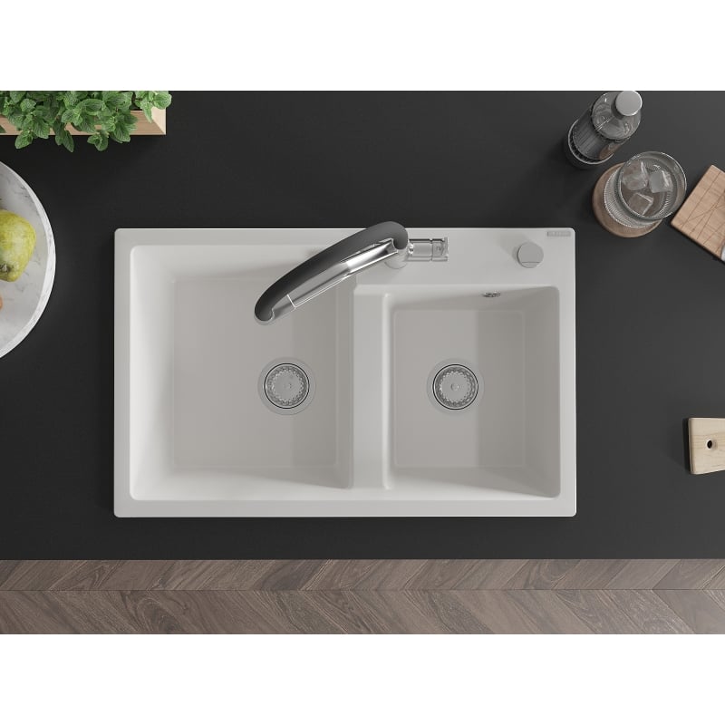 Mexen Tomas 2-basin granite kitchen sink with Duo faucet, white - 6516-20-671701-07