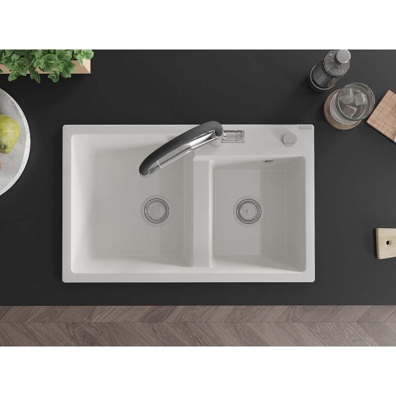 Mexen Tomas granite double-bowl sink with Duo kitchen faucet, white - 6516-20-671701-07