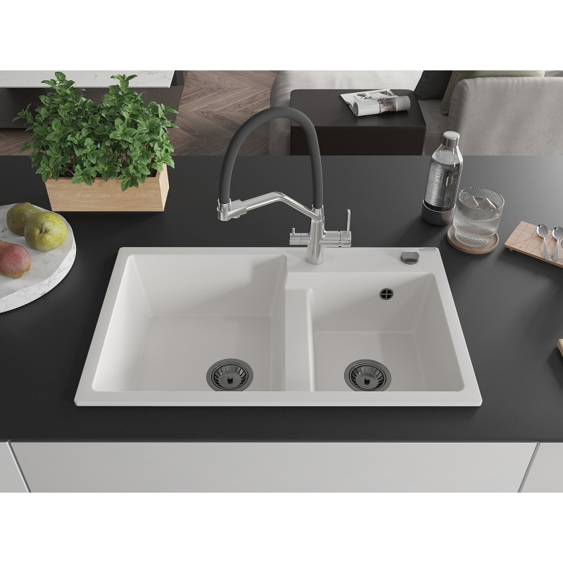 Mexen Tomas granite double-bowl kitchen sink with Duo faucet, white - 6516-20-671701-07-B