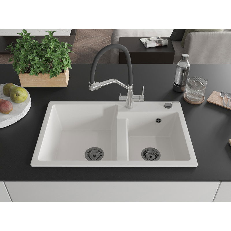 Mexen Tomas granite sink 2-bowl with kitchen tap Duo, white - 6516-20-671701-07-B