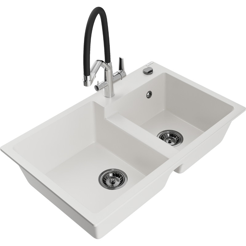 Mexen Tomas granite double-bowl kitchen sink with Duo faucet, white - 6516-20-671701-07-B