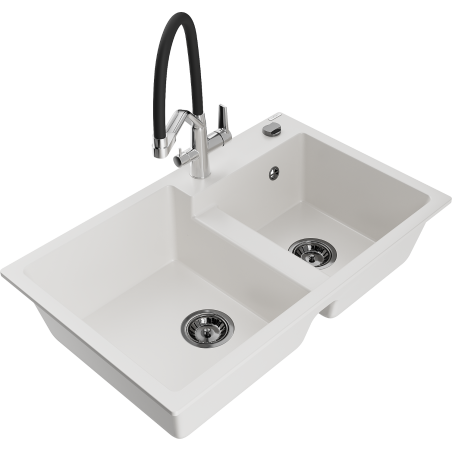 Mexen Tomas granite double-bowl sink with Duo kitchen faucet, white - 6516-20-671701-07-B