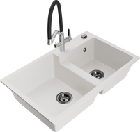 Mexen Tomas granite double-bowl sink with Duo kitchen faucet, white - 6516-20-671701-07-B