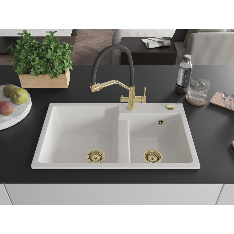 Mexen Tomas granite kitchen sink 2-bowl with Duo kitchen faucet, white - 6516-20-671701-57-G