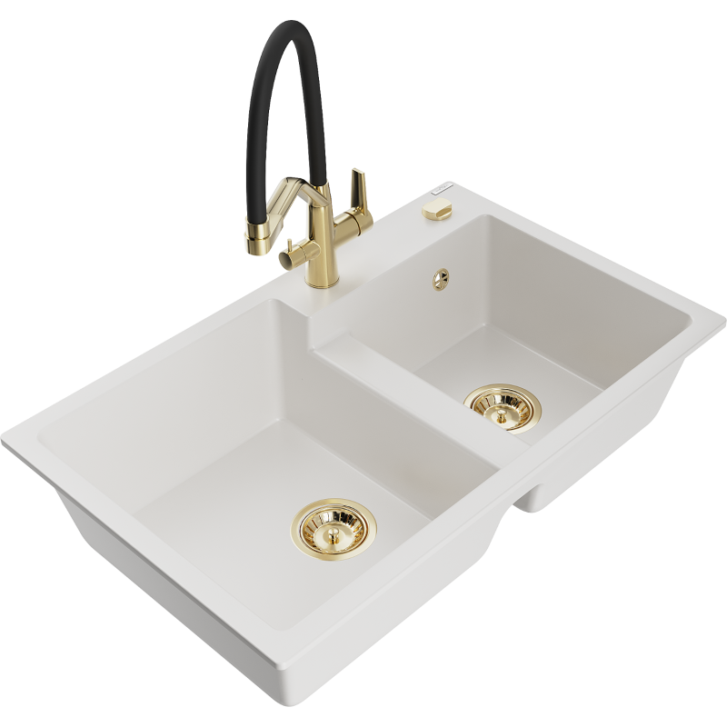 Mexen Tomas 2-bowl granite sink with Duo kitchen tap, white - 6516-20-671701-57-G