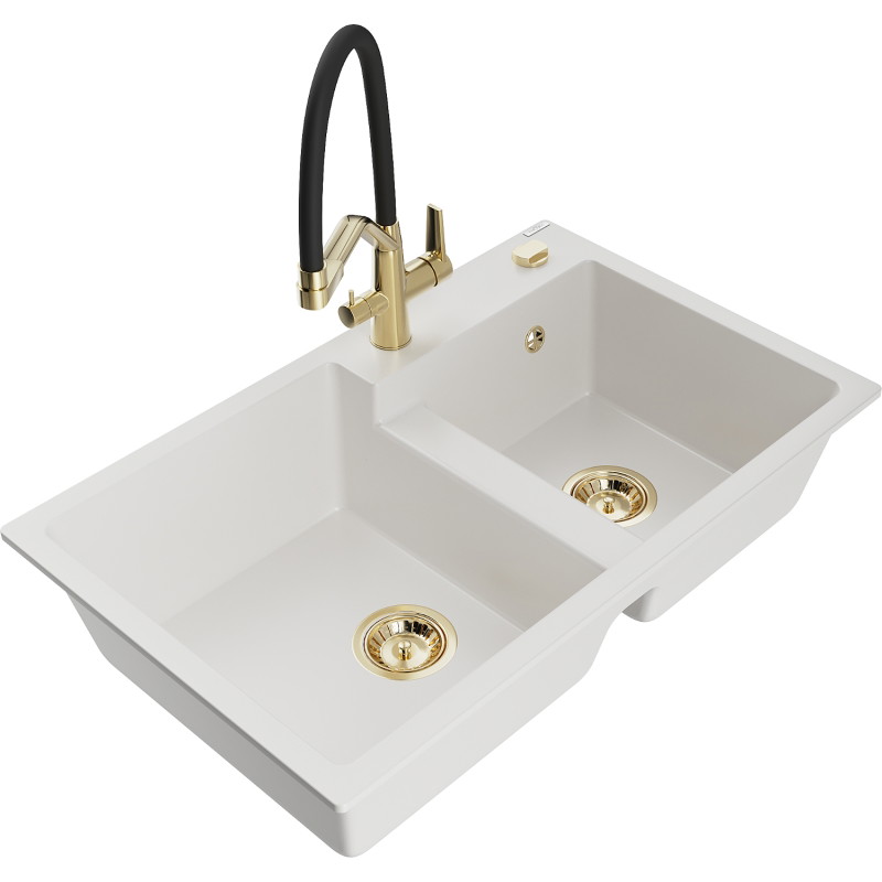 Mexen Tomas granite kitchen sink 2-bowl with Duo kitchen faucet, white - 6516-20-671701-57-G