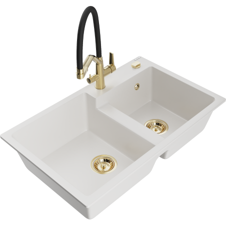 Mexen Tomas 2-bowl granite sink with Duo kitchen tap, white - 6516-20-671701-57-G