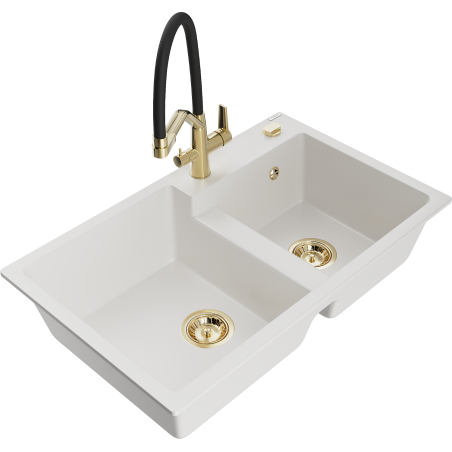 Mexen Tomas granite double-bowl sink with Duo kitchen faucet, white - 6516-20-671701-57-G