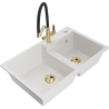 Mexen Tomas granite double-bowl sink with Duo kitchen faucet, white - 6516-20-671701-57-G