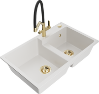 Mexen Tomas granite double-bowl sink with Duo kitchen faucet, white - 6516-20-671701-57-G