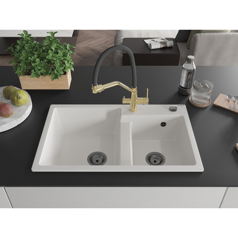 Mexen Tomas 2-bowl granite kitchen sink with Duo kitchen faucet, white - 6516-20-671701-57-B