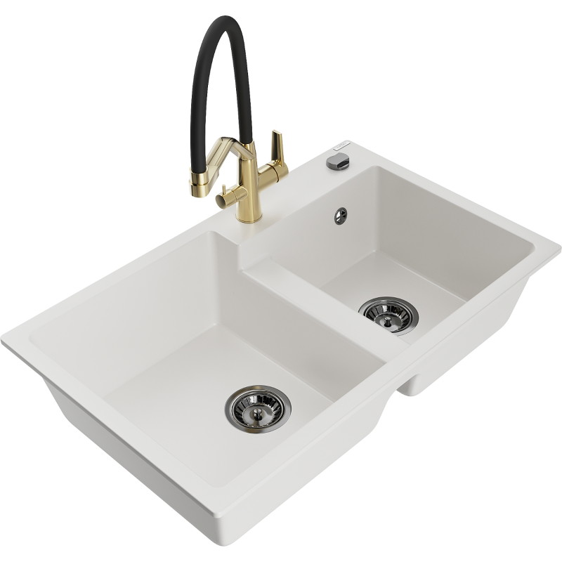 Mexen Tomas 2-bowl granite kitchen sink with Duo kitchen faucet, white - 6516-20-671701-57-B