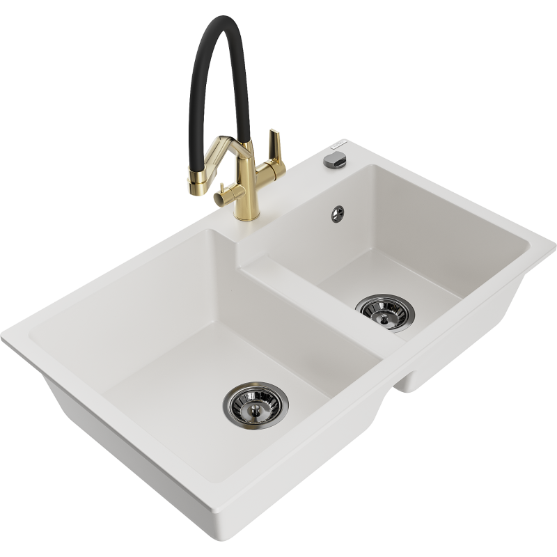 Mexen Tomas 2-compartment granite sink with a kitchen mixer tap Duo, white - 6516-20-671701-57-B