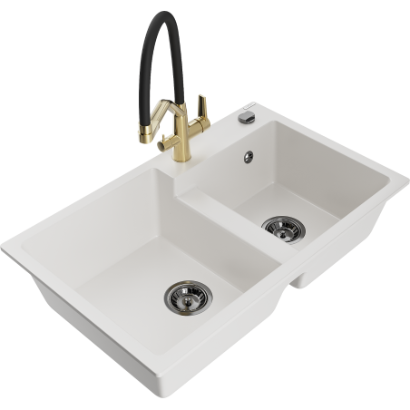 Mexen Tomas 2-bowl granite kitchen sink with Duo kitchen faucet, white - 6516-20-671701-57-B