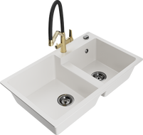 Mexen Tomas 2-bowl granite kitchen sink with Duo faucet, white - 6516-20-671701-57-B