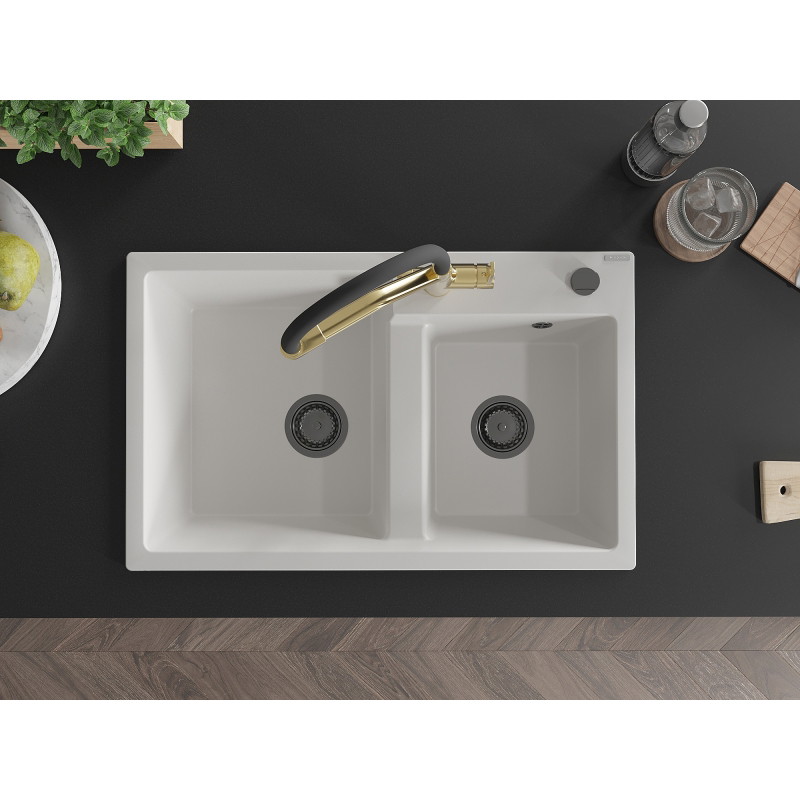 Mexen Tomas 2-bowl granite kitchen sink with Duo kitchen faucet, white - 6516-20-671701-57-B