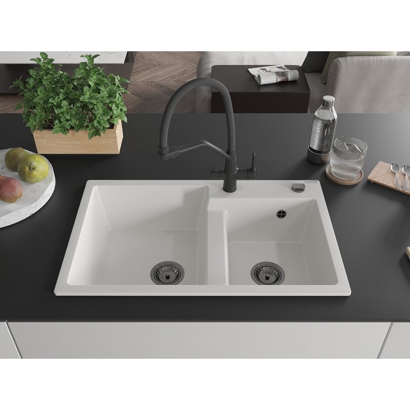 Mexen Tomas granite kitchen sink 2-bowl with kitchen faucet Duo, white - 6516-20-671701-70-B