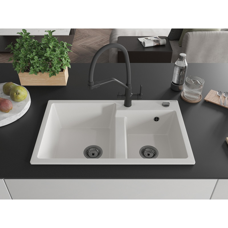 Mexen Tomas granite kitchen sink with 2 compartments and kitchen faucet Duo, white - 6516-20-671701-70-B