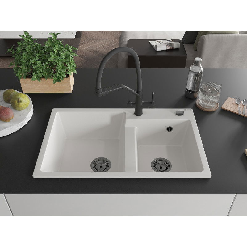 Mexen Tomas granite sink 2-bowl with Duo kitchen tap, white - 6516-20-671701-70-B