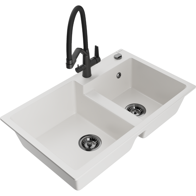 Mexen Tomas 2-compartment granite sink with a kitchen mixer tap Duo, white - 6516-20-671701-70-B