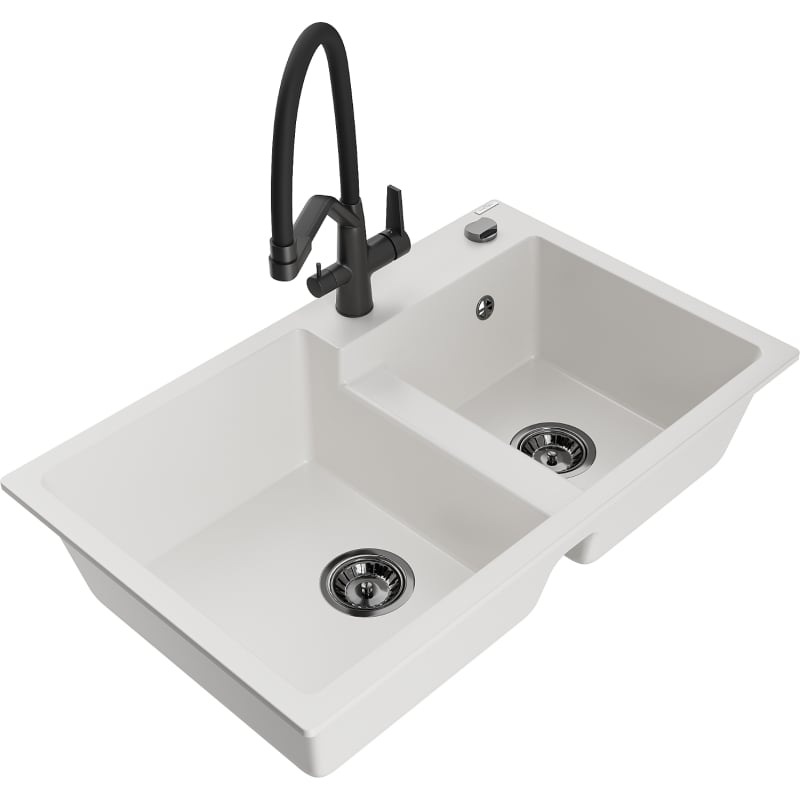 Mexen Tomas granite kitchen sink 2-bowl with kitchen faucet Duo, white - 6516-20-671701-70-B