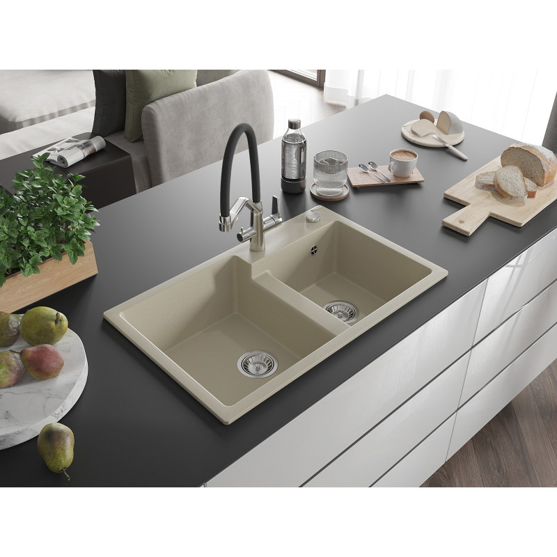 Mexen Tomas granite 2-chamber kitchen sink with Duo faucet, beige - 6516-69-671701-07