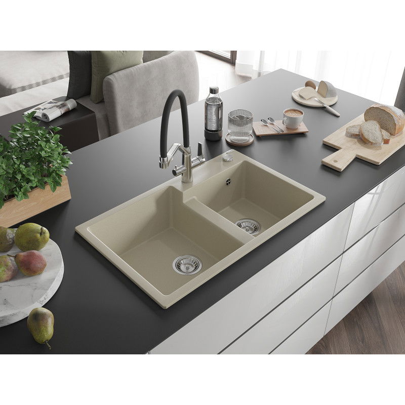 Mexen Tomas granite kitchen sink 2-chamber with Duo kitchen tap, beige - 6516-69-671701-07