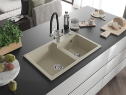 Mexen Tomas 2-compartment granite sink with a kitchen mixer tap Duo, Beige - 6516-69-671701-07