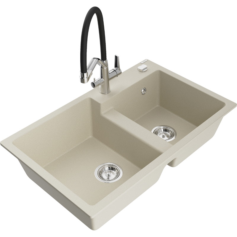 Mexen Tomas granit sink 2-bowl with Duo kitchen faucet, beige - 6516-69-671701-07