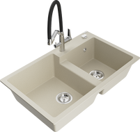 Mexen Tomas granit sink 2-bowl with Duo kitchen faucet, beige - 6516-69-671701-07