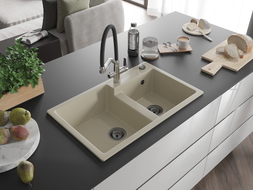 Mexen Tomas granite double-bowl kitchen sink with Duo faucet, beige - 6516-69-671701-07-B