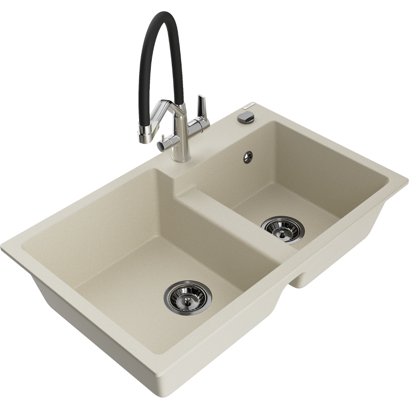 Mexen Tomas 2-compartment granite sink with a kitchen mixer tap Duo, Beige - 6516-69-671701-07-B