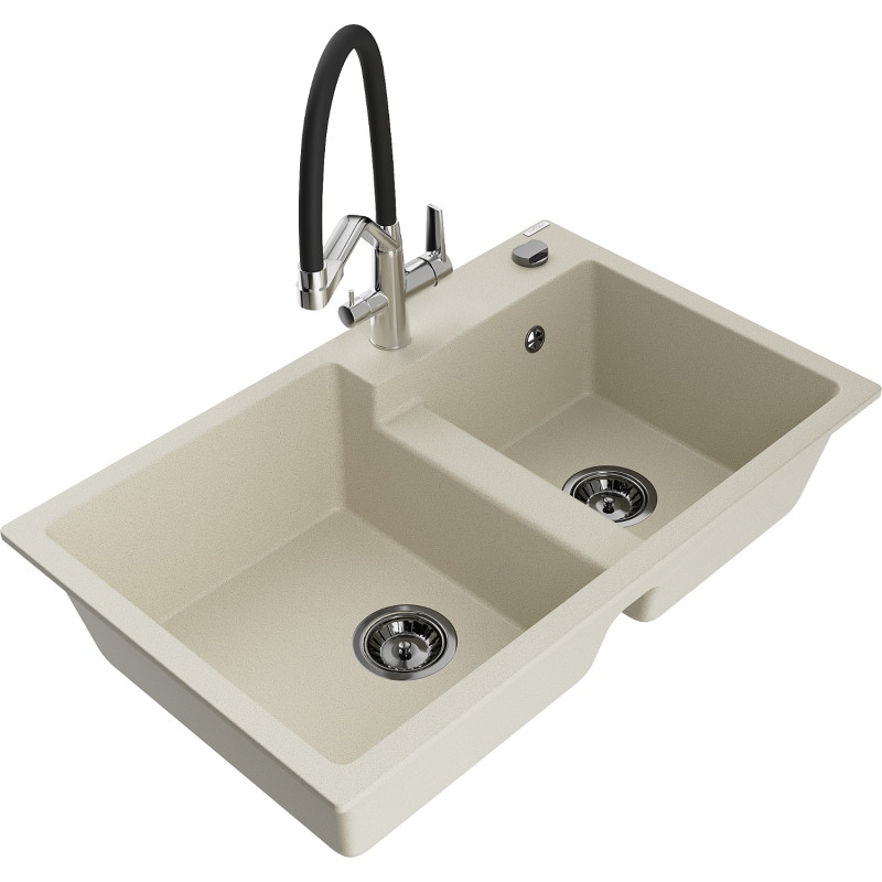 Mexen Tomas granite double-bowl kitchen sink with Duo faucet, beige - 6516-69-671701-07-B