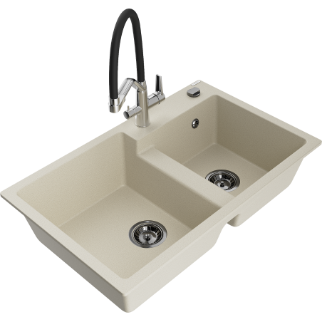 Mexen Tomas granite double-bowl kitchen sink with Duo faucet, beige - 6516-69-671701-07-B