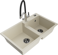 Mexen Tomas granite double-bowl kitchen sink with Duo faucet, beige - 6516-69-671701-07-B