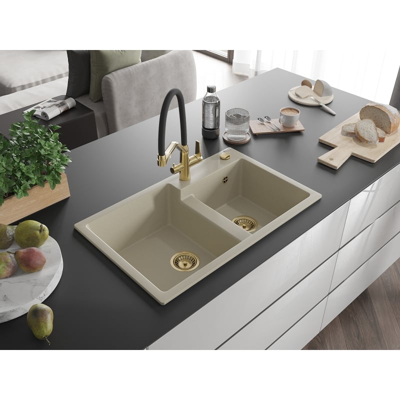 Mexen Tomas 2-bowl granite kitchen sink with Duo faucet, beige - 6516-69-671701-57-G
