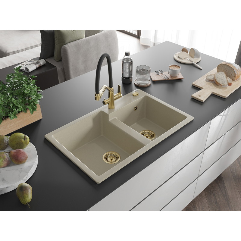Mexen Tomas 2-chamber granite sink with kitchen faucet Duo, beige - 6516-69-671701-57-G