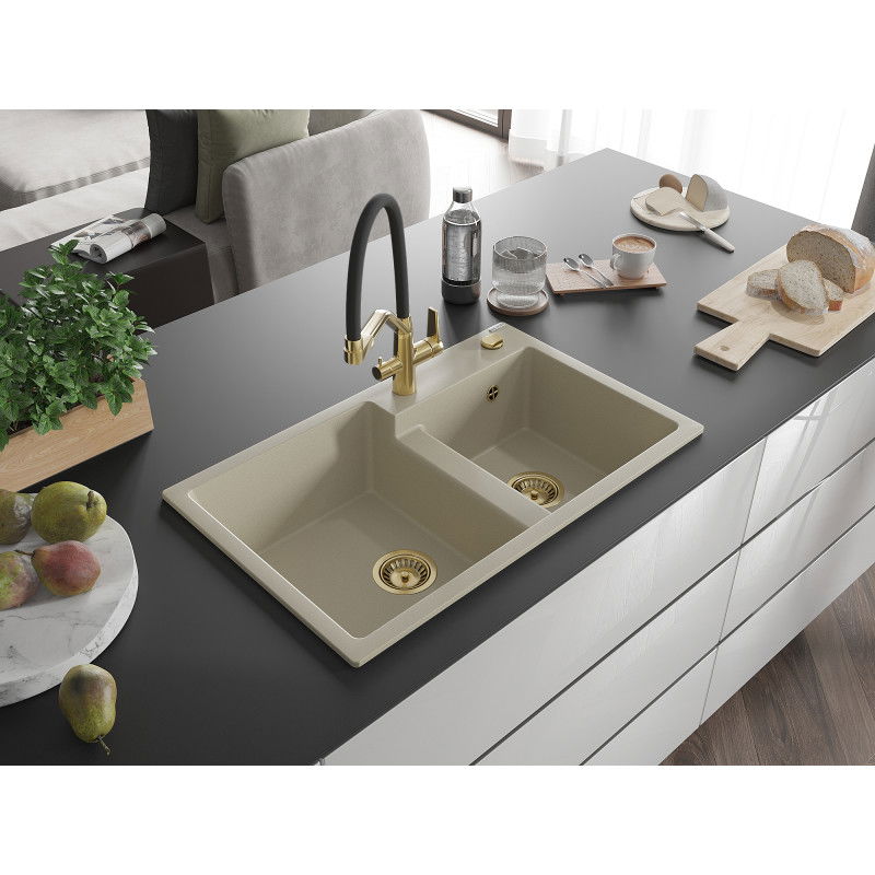 Mexen Tomas granite double bowl sink with Duo kitchen tap, beige - 6516-69-671701-57-G