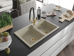 Mexen Tomas 2-bowl granite kitchen sink with Duo faucet, beige - 6516-69-671701-57-G