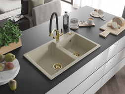 Mexen Tomas granite double bowl sink with Duo kitchen tap, beige - 6516-69-671701-57-G