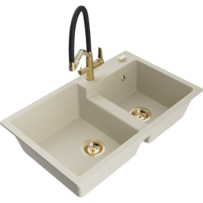 Mexen Tomas 2-bowl granite kitchen sink with Duo faucet, beige - 6516-69-671701-57-G
