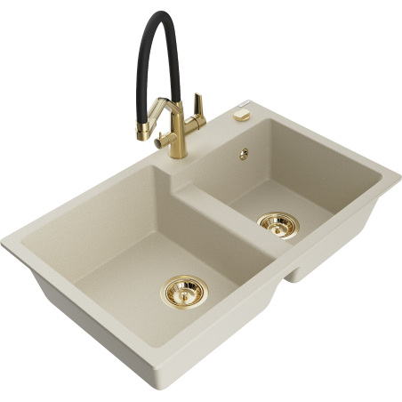 Mexen Tomas 2-chamber granite sink with kitchen faucet Duo, beige - 6516-69-671701-57-G