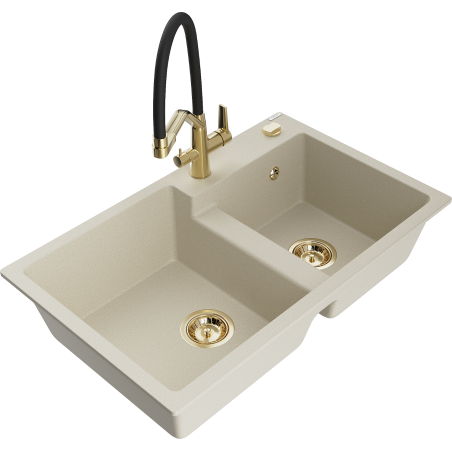 Mexen Tomas granite double bowl sink with Duo kitchen tap, beige - 6516-69-671701-57-G