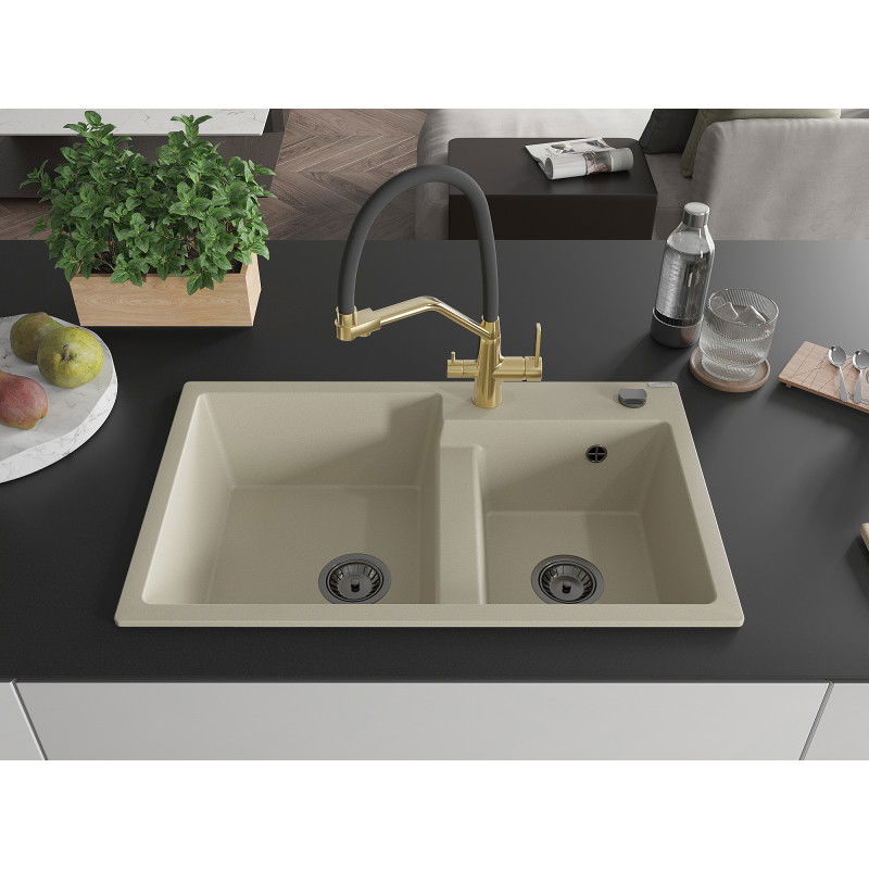 Mexen Tomas 2-bowl granite kitchen sink with Duo tap, beige - 6516-69-671701-57-B