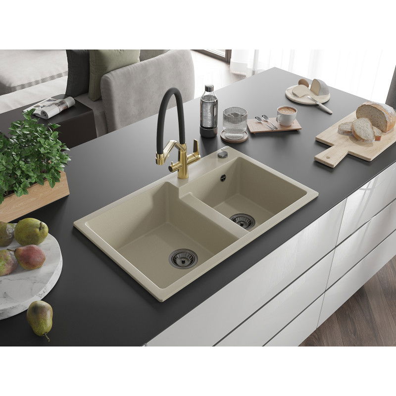 Mexen Tomas 2-bowl granite kitchen sink with Duo tap, beige - 6516-69-671701-57-B