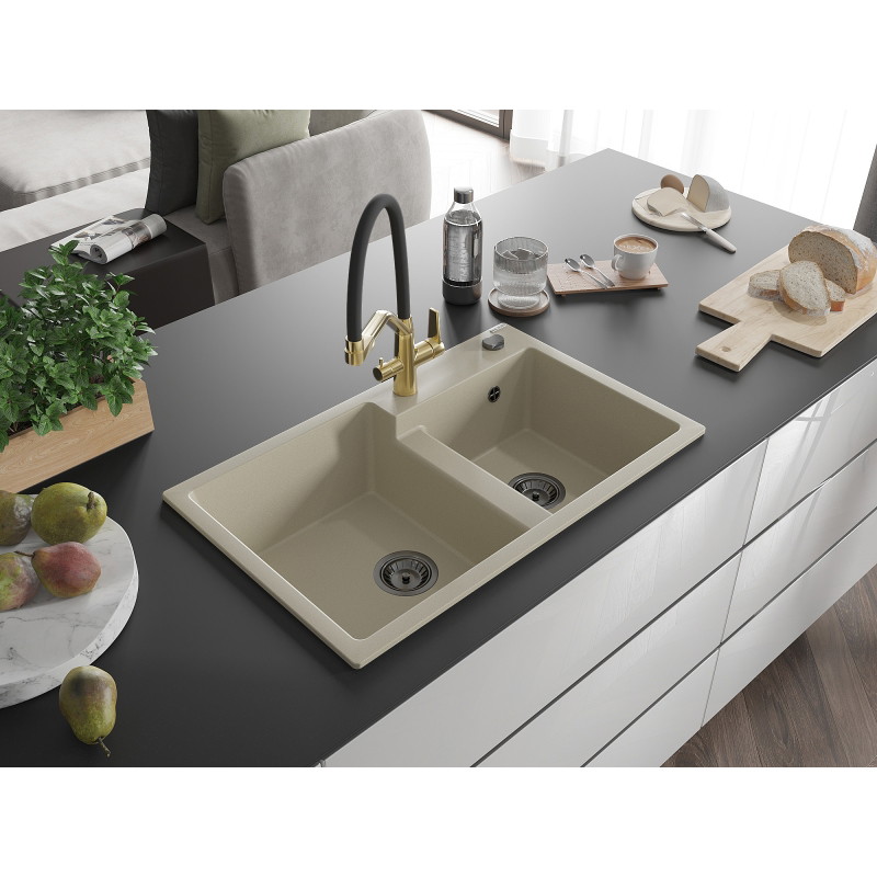 Mexen Tomas 2-bowl Granite Sink with Duo Kitchen Faucet, Beige - 6516-69-671701-57-B